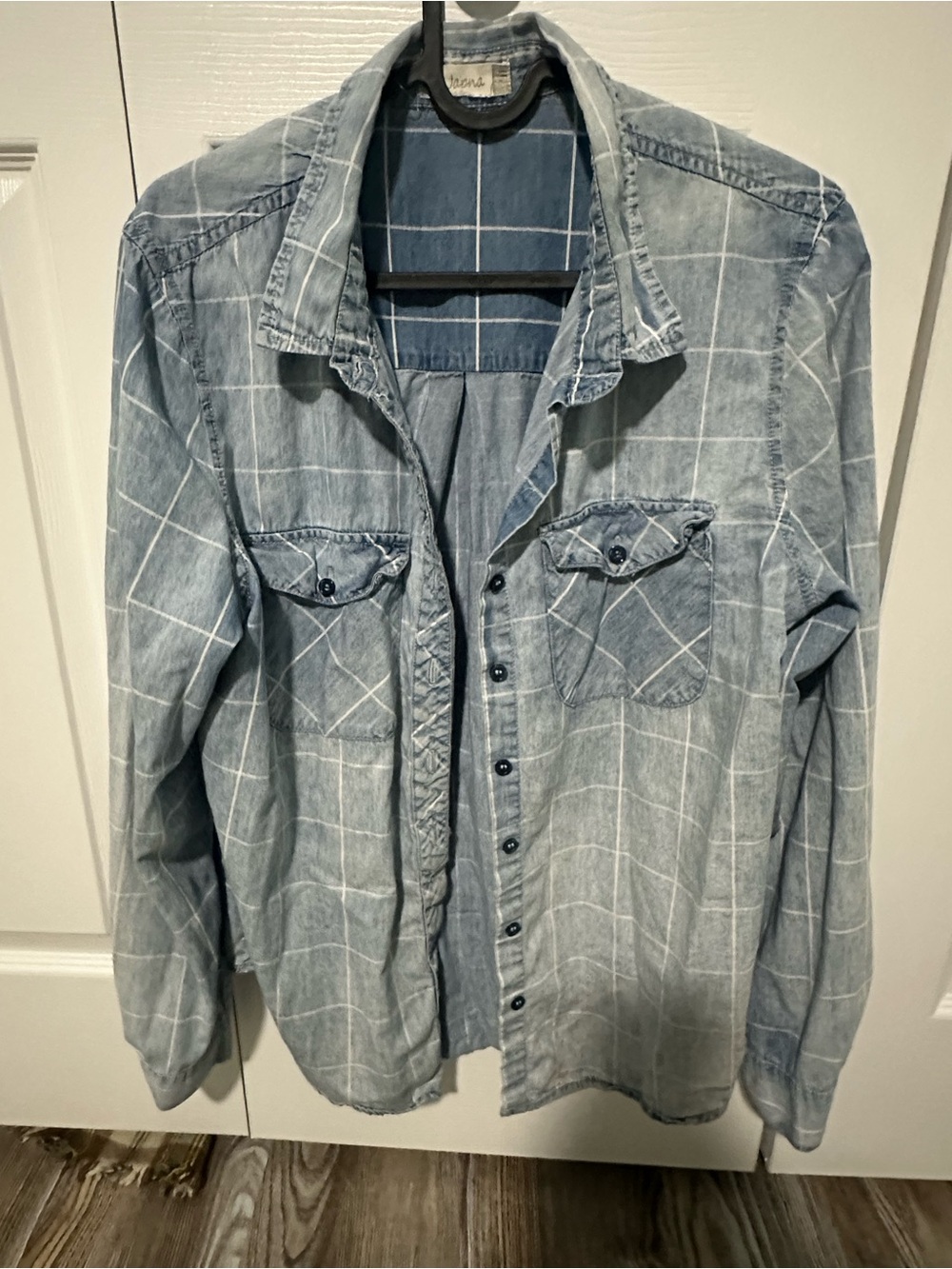 Japna Washed Blue Windowpane Denim Button-Down Shirt